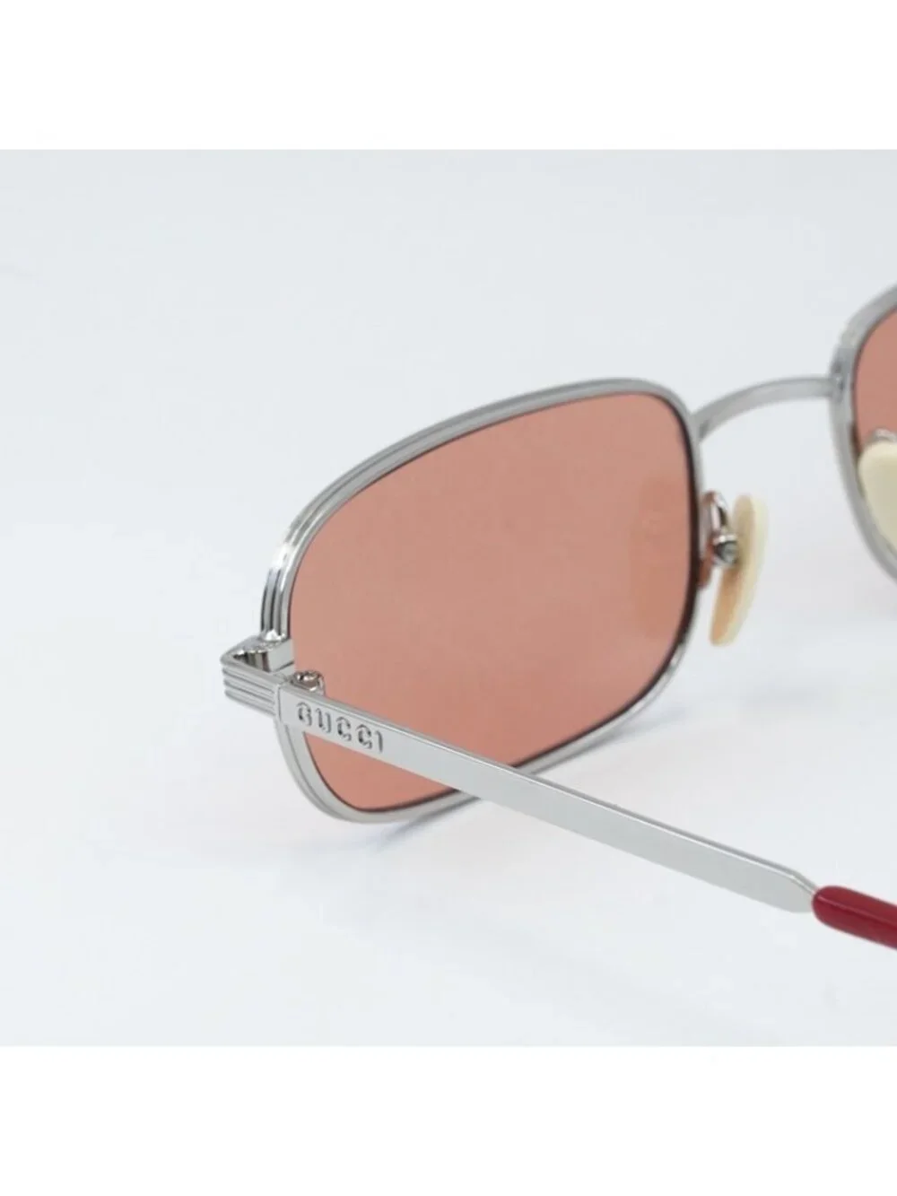 Gucci GG1457S 004 Sunglasses Silver Rectangle Frame, Red Lenses